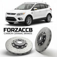 ForzaCCB direct OEM replacement carbon ceramic brake rotors for 2013 to 2016 Ford Escape III models, shown with a white Ford Escape car.