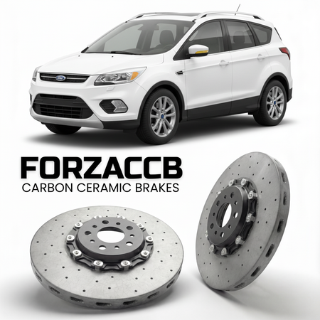 ForzaCCB direct OEM replacement carbon ceramic brake rotors for 2013 to 2016 Ford Escape III models, shown with a white Ford Escape car.