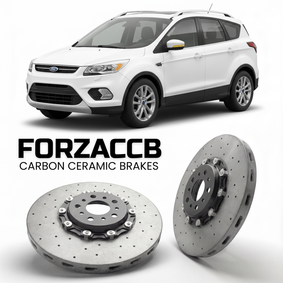 ForzaCCB direct OEM replacement carbon ceramic brake rotors for 2013 to 2016 Ford Escape III models, shown with a white Ford Escape car.