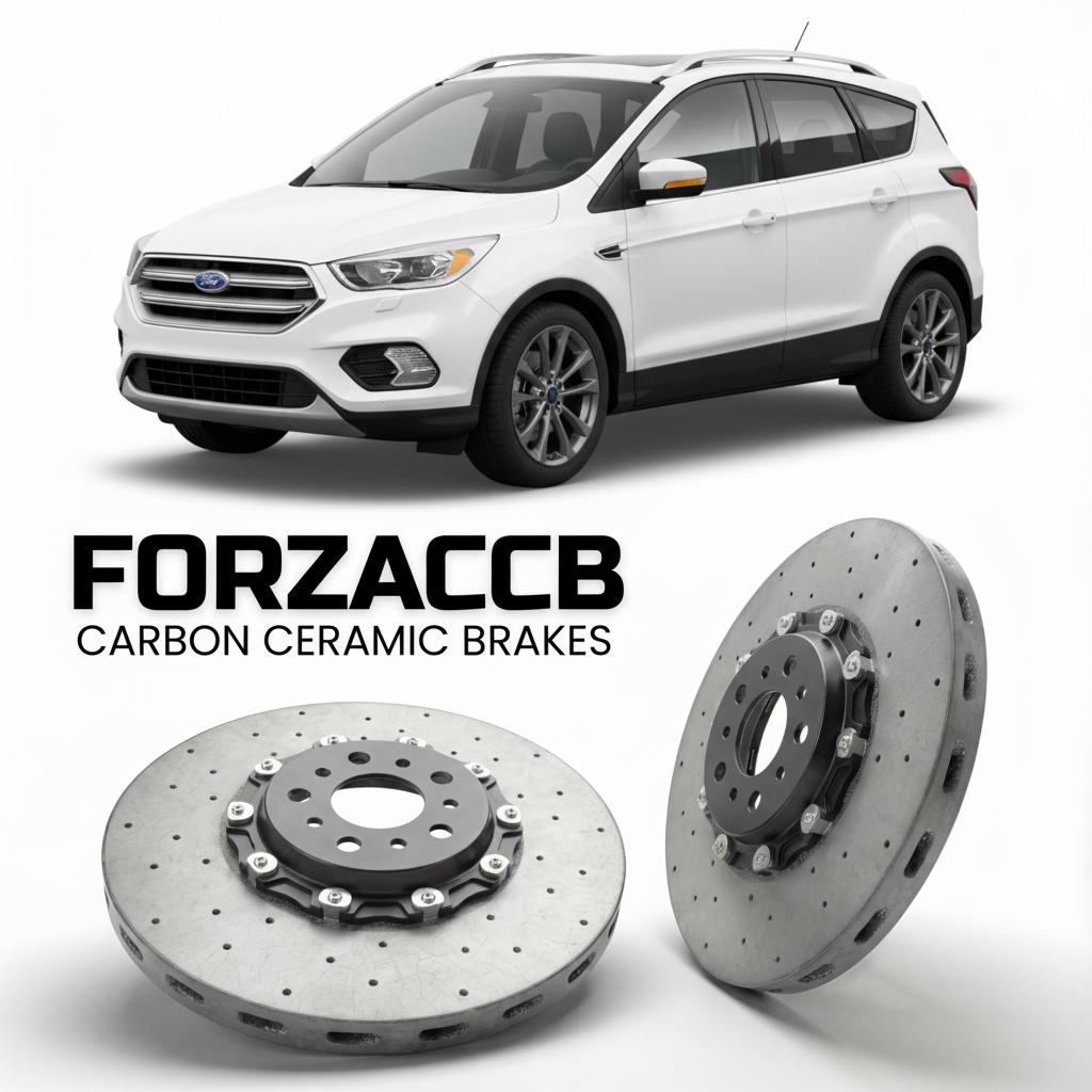 ForzaCCB direct OEM replacement carbon ceramic brake rotors for 2017-2019) Ford Escape III (facelift 2017 models, shown with a white Ford Escape car.