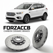 ForzaCCB direct OEM replacement carbon ceramic brake rotors for 2017-2019) Ford Escape III (facelift 2017 models, shown with a white Ford Escape car.