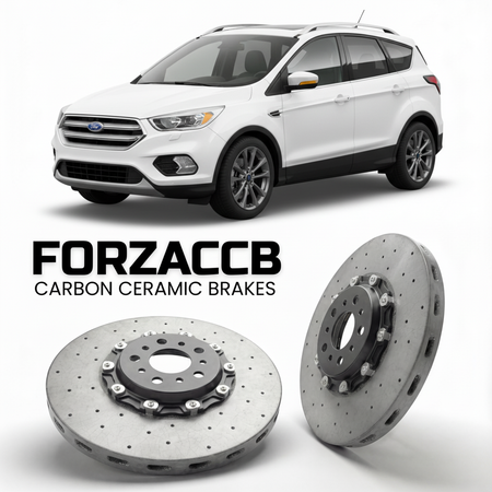 ForzaCCB direct OEM replacement carbon ceramic brake rotors for 2017-2019) Ford Escape III (facelift 2017 models, shown with a white Ford Escape car.