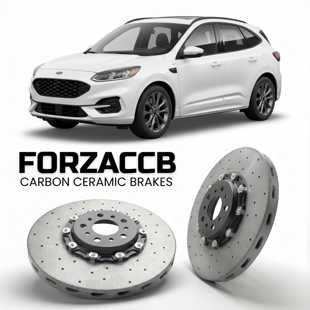 ForzaCCB direct OEM replacement carbon ceramic brake rotors for 2019 to 2022 Ford Escape IV models, shown with a white Ford Escape car.