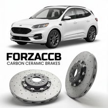 ForzaCCB direct OEM replacement carbon ceramic brake rotors for 2019 to 2022 Ford Escape IV models, shown with a white Ford Escape car.