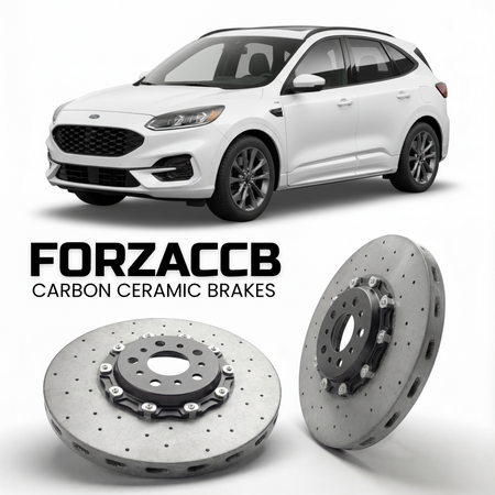 ForzaCCB direct OEM replacement carbon ceramic brake rotors for 2019 to 2022 Ford Escape IV models, shown with a white Ford Escape car.