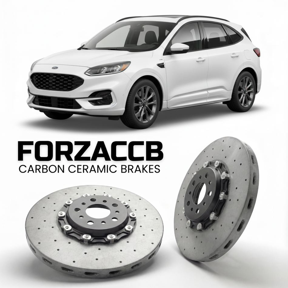 ForzaCCB direct OEM replacement carbon ceramic brake rotors for 2019 to 2022 Ford Escape IV models, shown with a white Ford Escape car.