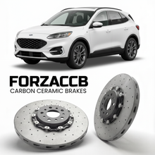 ForzaCCB direct OEM replacement carbon ceramic brake rotors for 2023+) Ford Escape IV (facelift 2023 models, shown with a white Ford Escape car.