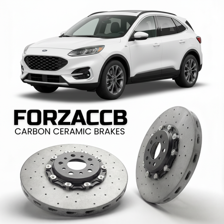 ForzaCCB direct OEM replacement carbon ceramic brake rotors for 2023+) Ford Escape IV (facelift 2023 models, shown with a white Ford Escape car.