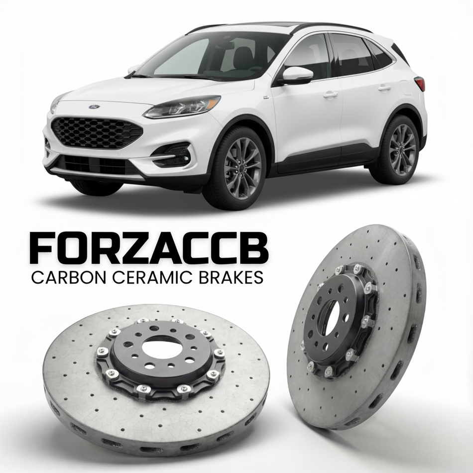 ForzaCCB direct OEM replacement carbon ceramic brake rotors for 2023+) Ford Escape IV (facelift 2023 models, shown with a white Ford Escape car.