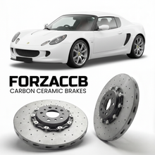 ForzaCCB direct OEM replacement carbon ceramic brake rotors for 2006 to 2010 Lotus Europa S models, shown with a white Lotus Europa S car.