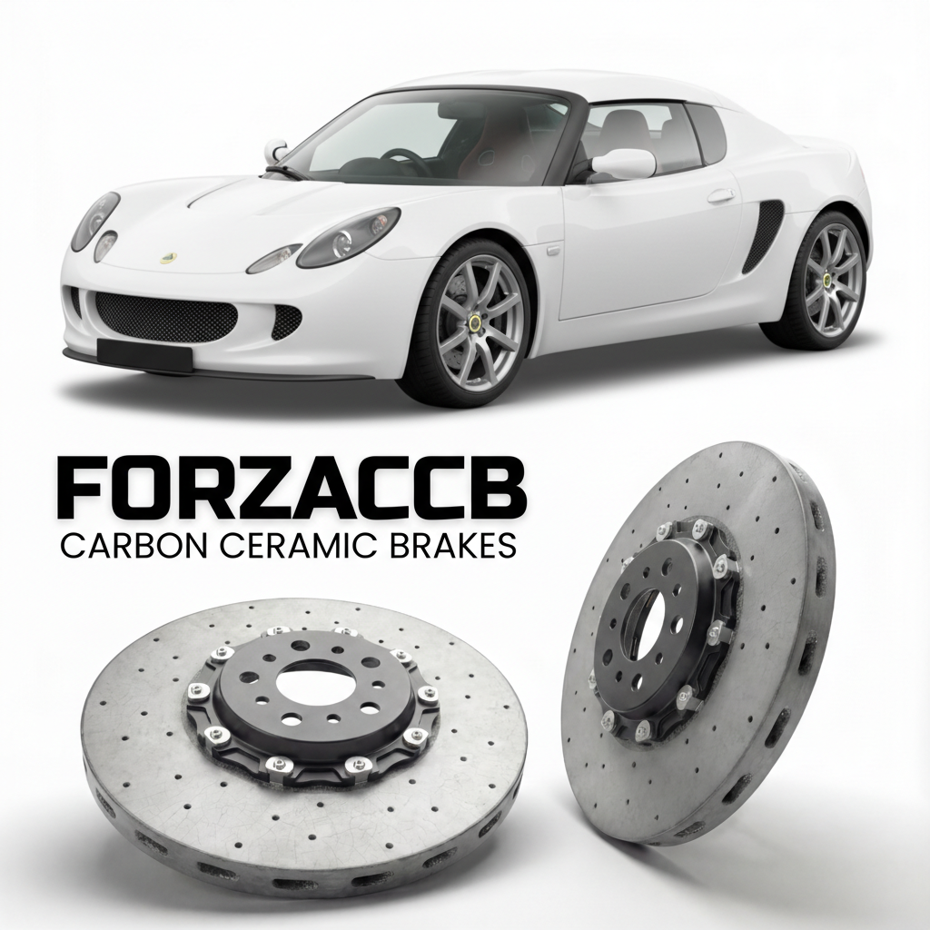 ForzaCCB direct OEM replacement carbon ceramic brake rotors for 2006 to 2010 Lotus Europa S models, shown with a white Lotus Europa S car.