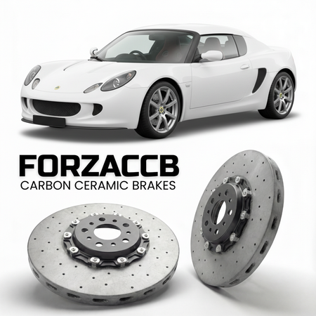 ForzaCCB direct OEM replacement carbon ceramic brake rotors for 2006 to 2010 Lotus Europa S models, shown with a white Lotus Europa S car.