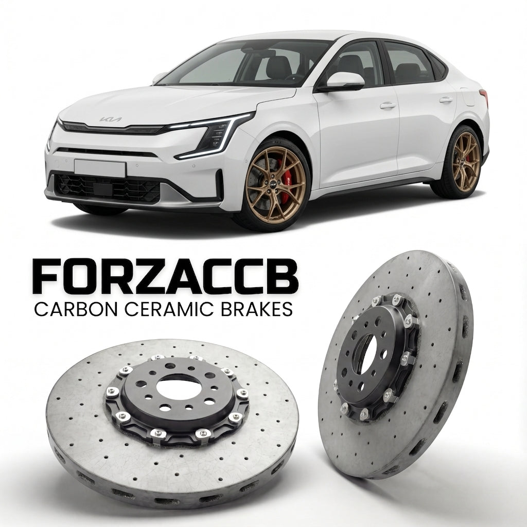 ForzaCCB direct OEM replacement carbon ceramic brake rotors for 2024 and newer Kia EV3 models, shown with a white Kia EV3 car.