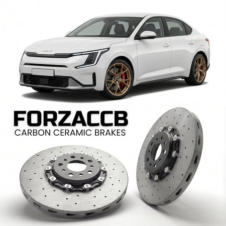ForzaCCB direct OEM replacement carbon ceramic brake rotors for 2024 and newer Kia EV3 models, shown with a white Kia EV3 car.
