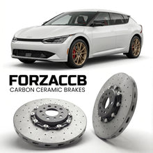 ForzaCCB direct OEM replacement carbon ceramic brake rotors for 2025 and newer Kia EV4 Fastback models, shown with a white Kia EV4 car.