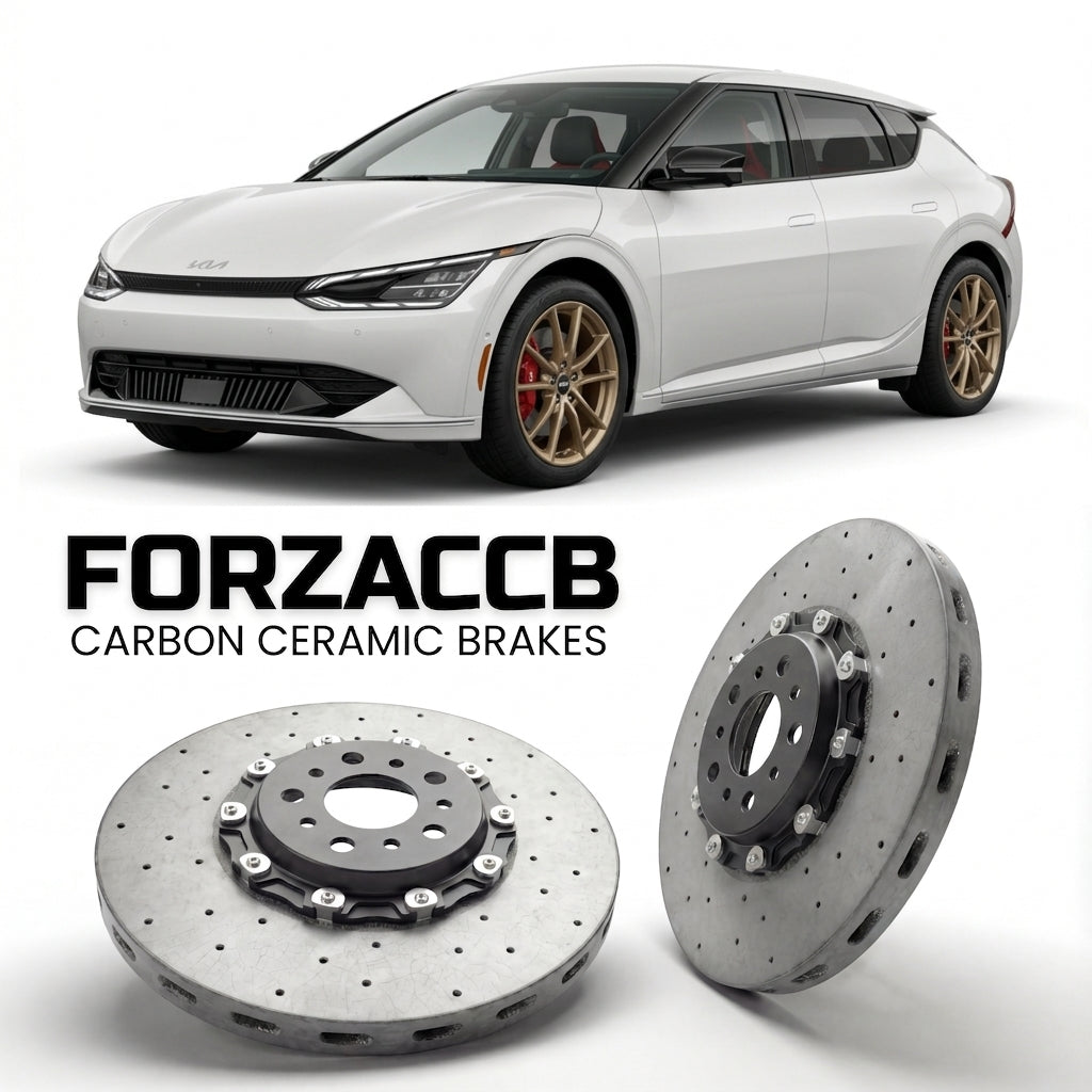 ForzaCCB direct OEM replacement carbon ceramic brake rotors for 2025 and newer Kia EV4 Fastback models, shown with a white Kia EV4 car.