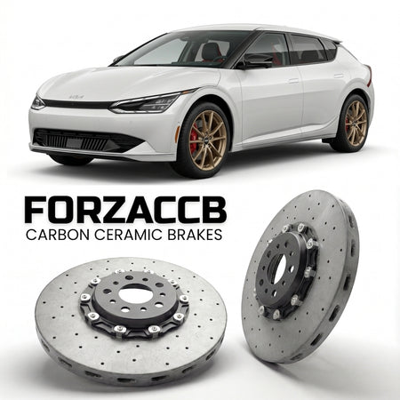 ForzaCCB direct OEM replacement carbon ceramic brake rotors for 2025 and newer Kia EV4 Fastback models, shown with a white Kia EV4 car.