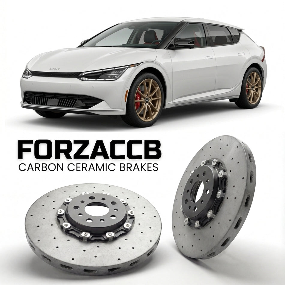 ForzaCCB direct OEM replacement carbon ceramic brake rotors for 2025 and newer Kia EV4 Fastback models, shown with a white Kia EV4 car.