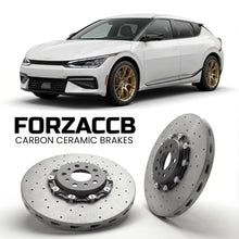 ForzaCCB direct OEM replacement carbon ceramic brake rotors for 2025 and newer Kia EV4 Hatch models, shown with a white Kia EV4 car.