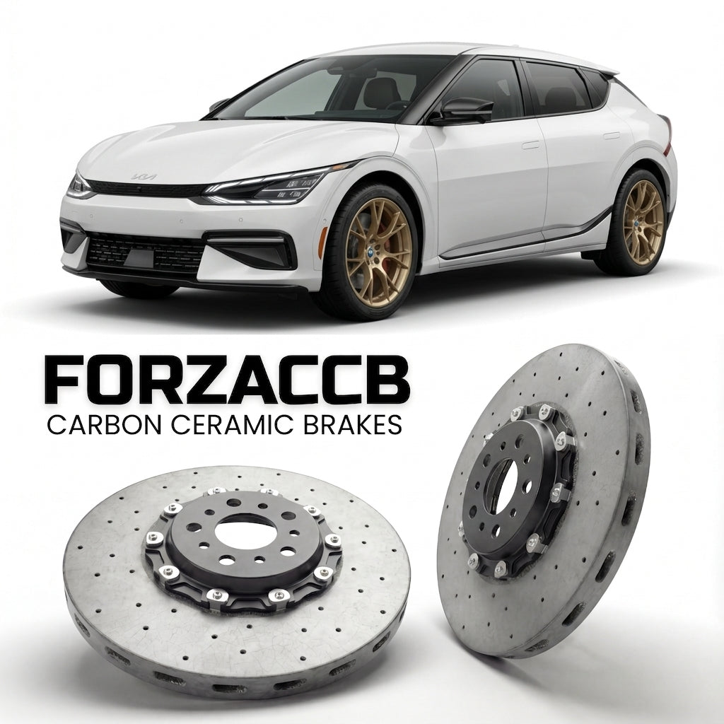 ForzaCCB direct OEM replacement carbon ceramic brake rotors for 2025 and newer Kia EV4 Hatch models, shown with a white Kia EV4 car.