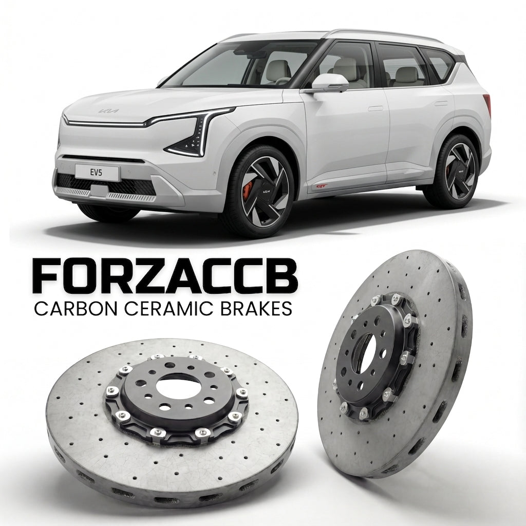 ForzaCCB direct OEM replacement carbon ceramic brake rotors for 2024 and newer Kia EV5 models, shown with a white Kia EV5 car.