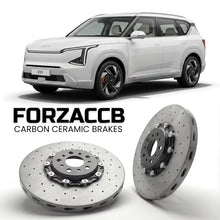 ForzaCCB direct OEM replacement carbon ceramic brake rotors for 2024 and newer Kia EV5 models, shown with a white Kia EV5 car.