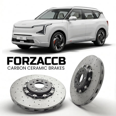 ForzaCCB direct OEM replacement carbon ceramic brake rotors for 2024 and newer Kia EV5 models, shown with a white Kia EV5 car.
