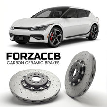 ForzaCCB direct OEM replacement carbon ceramic brake rotors for 2021 to 2024 Kia EV6 models, shown with a white Kia EV6 car.