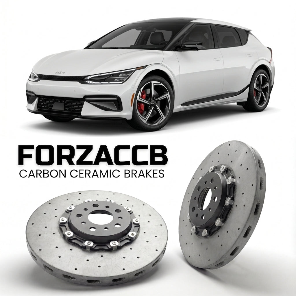 ForzaCCB direct OEM replacement carbon ceramic brake rotors for 2021 to 2024 Kia EV6 models, shown with a white Kia EV6 car.