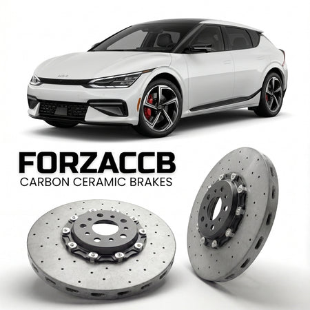 ForzaCCB direct OEM replacement carbon ceramic brake rotors for 2021 to 2024 Kia EV6 models, shown with a white Kia EV6 car.