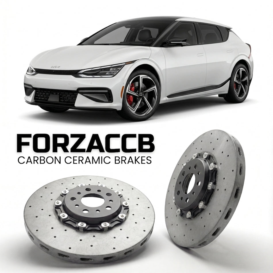 ForzaCCB direct OEM replacement carbon ceramic brake rotors for 2021 to 2024 Kia EV6 models, shown with a white Kia EV6 car.