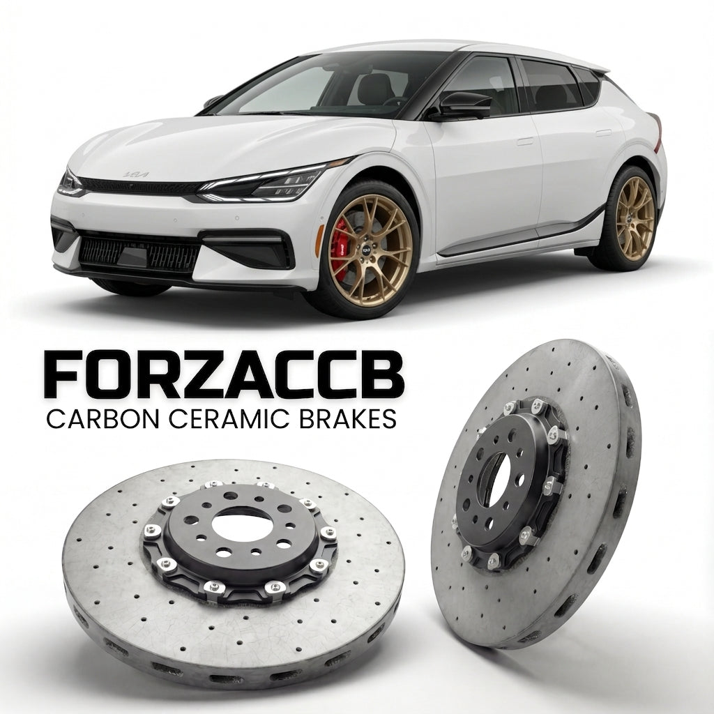 ForzaCCB direct OEM replacement carbon ceramic brake rotors for 2024 and newer Kia EV6 facelift 2024 models, shown with a white Kia EV6 car.