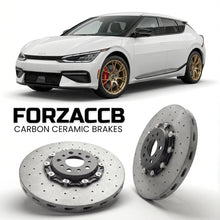 ForzaCCB direct OEM replacement carbon ceramic brake rotors for 2024 and newer Kia EV6 facelift 2024 models, shown with a white Kia EV6 car.
