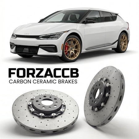 ForzaCCB direct OEM replacement carbon ceramic brake rotors for 2024 and newer Kia EV6 facelift 2024 models, shown with a white Kia EV6 car.