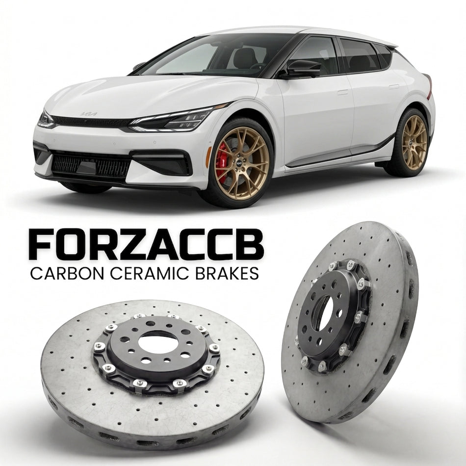 ForzaCCB direct OEM replacement carbon ceramic brake rotors for 2024 and newer Kia EV6 facelift 2024 models, shown with a white Kia EV6 car.