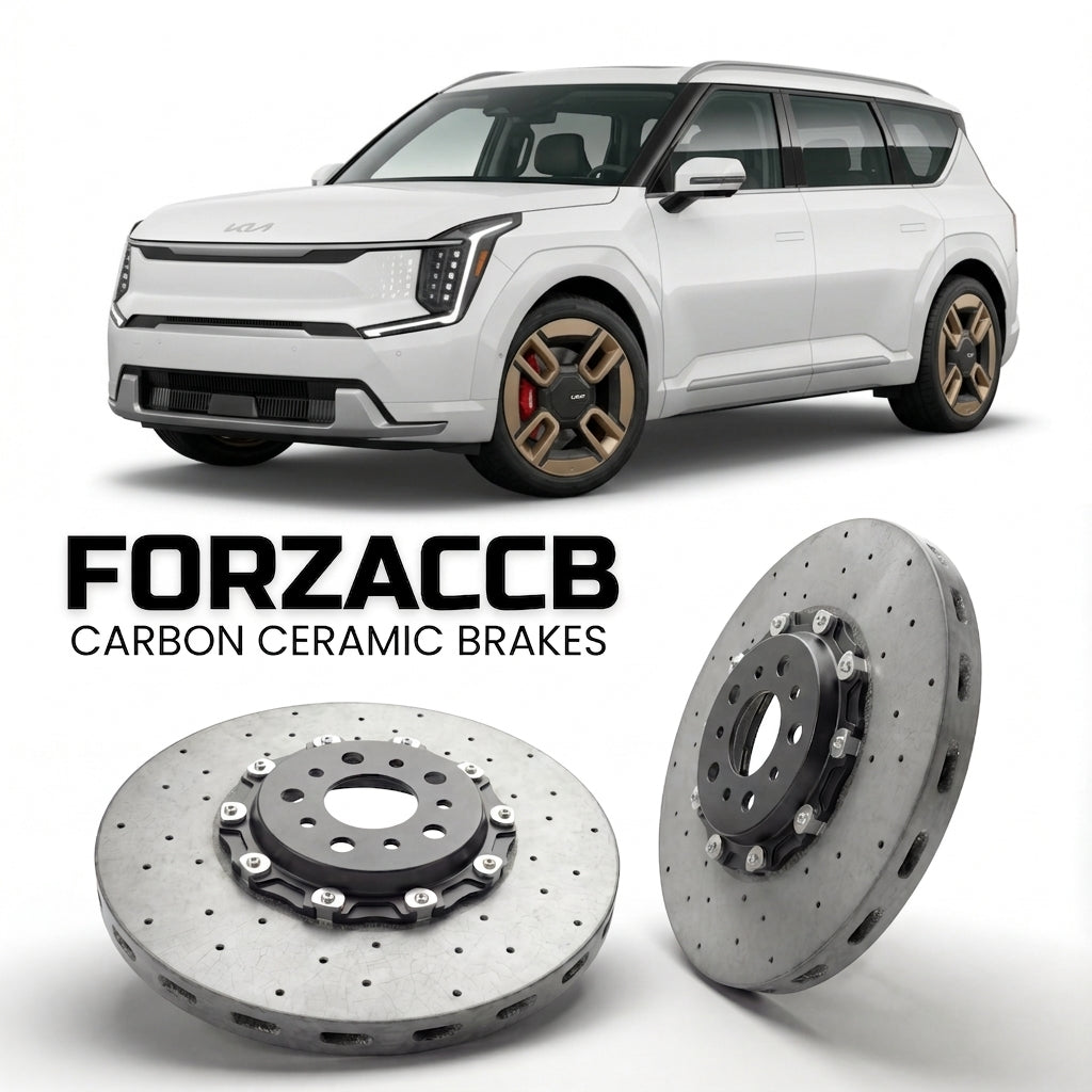 ForzaCCB direct OEM replacement carbon ceramic brake rotors for 2023 and newer Kia EV9 models, shown with a white Kia EV9 car.