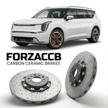 ForzaCCB direct OEM replacement carbon ceramic brake rotors for 2023 and newer Kia EV9 models, shown with a white Kia EV9 car.