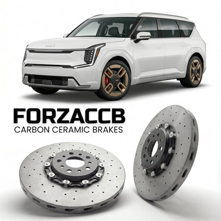 ForzaCCB direct OEM replacement carbon ceramic brake rotors for 2023 and newer Kia EV9 models, shown with a white Kia EV9 car.
