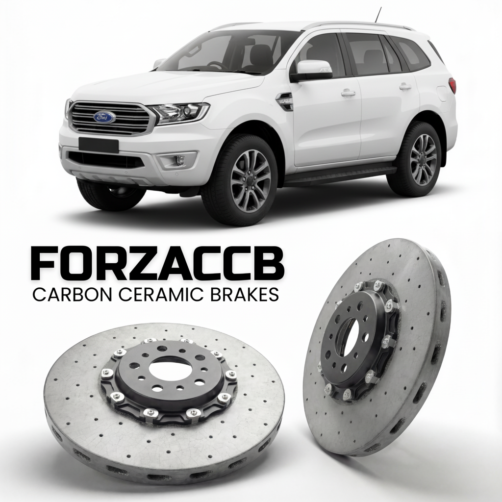 ForzaCCB direct OEM replacement carbon ceramic brake rotors for 2015-2018) Ford Everest II (U375/UA models, shown with a white Ford Everest car.