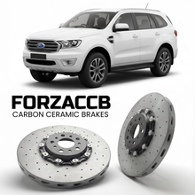 ForzaCCB direct OEM replacement carbon ceramic brake rotors for 2015-2018) Ford Everest II (U375/UA models, shown with a white Ford Everest car.