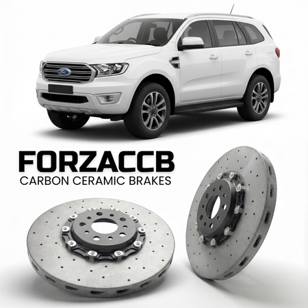 ForzaCCB direct OEM replacement carbon ceramic brake rotors for 2015-2018) Ford Everest II (U375/UA models, shown with a white Ford Everest car.