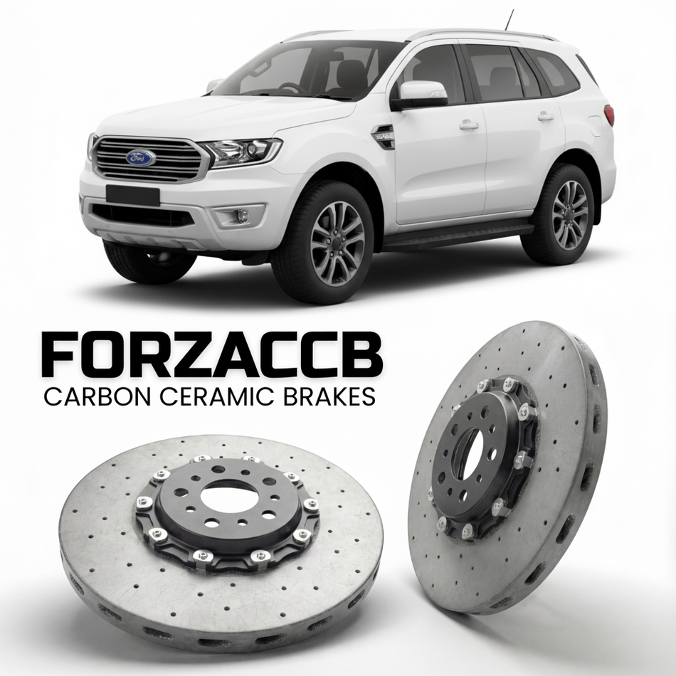 ForzaCCB direct OEM replacement carbon ceramic brake rotors for 2015-2018) Ford Everest II (U375/UA models, shown with a white Ford Everest car.