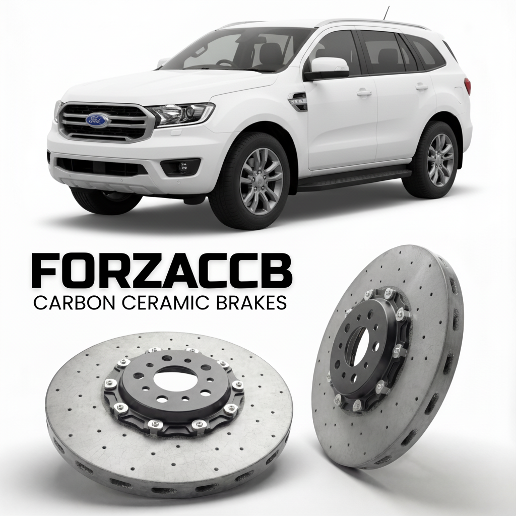 ForzaCCB direct OEM replacement carbon ceramic brake rotors for 2018-2022) Ford Everest II (U375/UA, facelift 2018 models, shown with a white Ford Everest car.