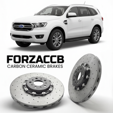 ForzaCCB direct OEM replacement carbon ceramic brake rotors for 2018-2022) Ford Everest II (U375/UA, facelift 2018 models, shown with a white Ford Everest car.