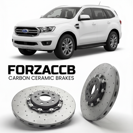 ForzaCCB direct OEM replacement carbon ceramic brake rotors for 2018-2022) Ford Everest II (U375/UA, facelift 2018 models, shown with a white Ford Everest car.