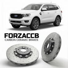 ForzaCCB direct OEM replacement carbon ceramic brake rotors for 2022+) Ford Everest III (U704 models, shown with a white Ford Everest car.