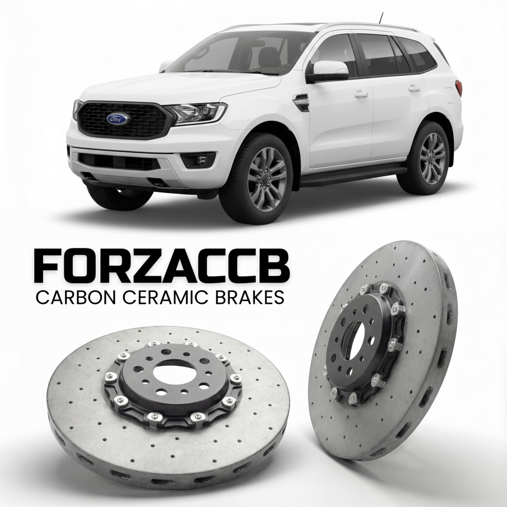 ForzaCCB direct OEM replacement carbon ceramic brake rotors for 2022+) Ford Everest III (U704 models, shown with a white Ford Everest car.