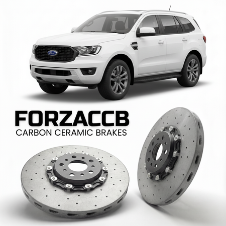 ForzaCCB direct OEM replacement carbon ceramic brake rotors for 2022+) Ford Everest III (U704 models, shown with a white Ford Everest car.