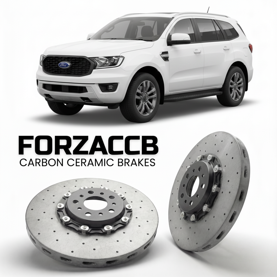 ForzaCCB direct OEM replacement carbon ceramic brake rotors for 2022+) Ford Everest III (U704 models, shown with a white Ford Everest car.