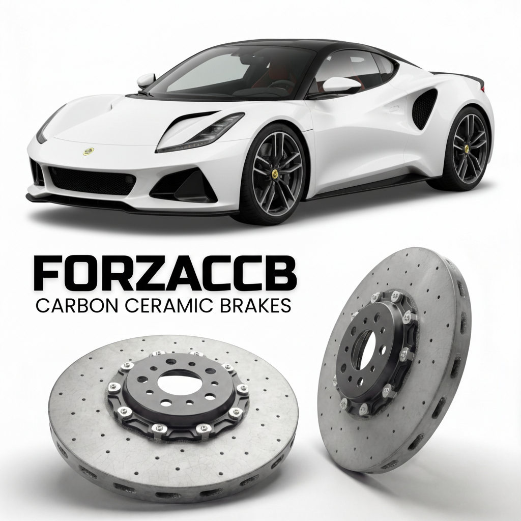 ForzaCCB direct OEM replacement carbon ceramic brake rotors for 2021 and newer Lotus Evija Type 130 models, shown with a white Lotus Evija car.